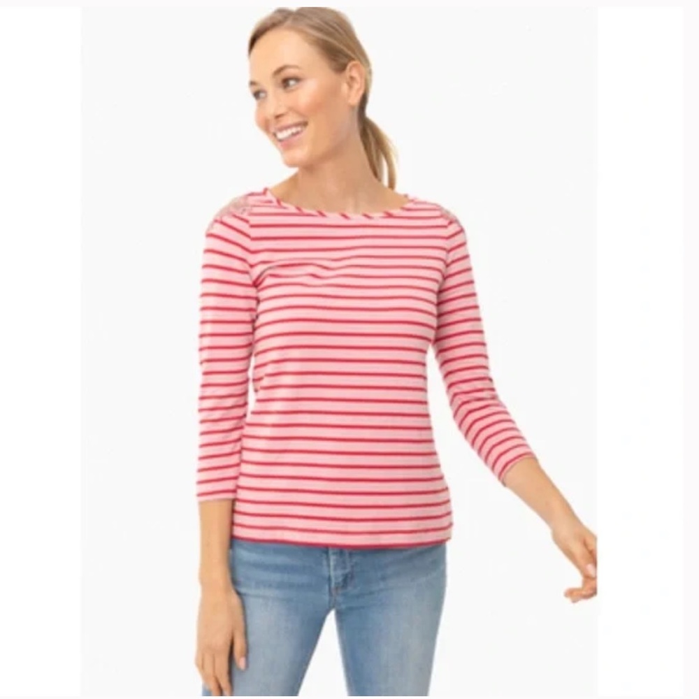 NWT Tuckernuck Red and Pink Stripe Shirt with beaded shoulder appliqués …